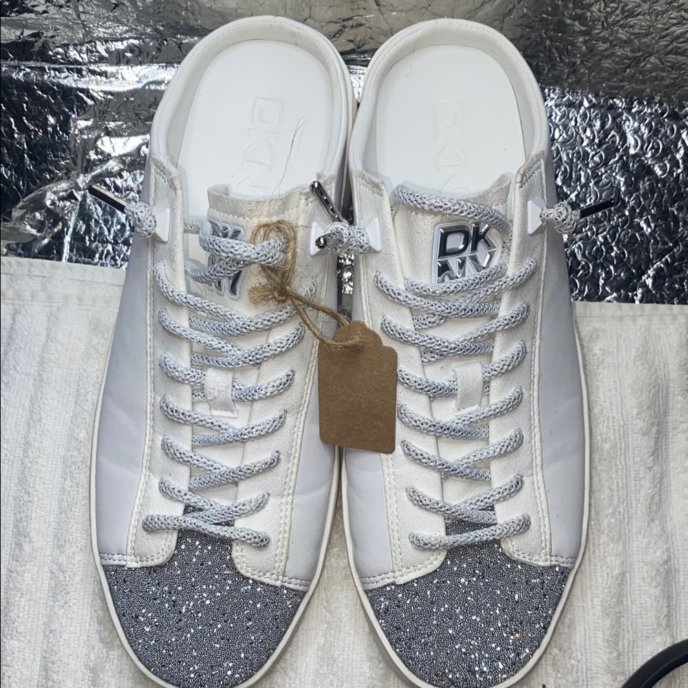 DKNY White Sneakers with Silver Glitter Toe
